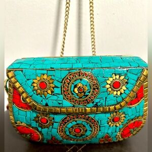Brand New: Antik Kraft Clutch- Turquoise Mosaic Hard Shell Purse